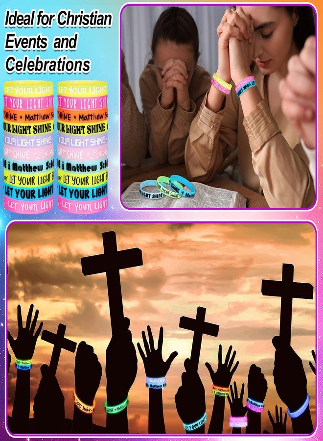 Equsion 100 Pcs Christian Bracelets Glow in Dark Let Your Light Shine Silicone Bracelets Religious Jesus Wristbands Bulk Inspirational Scripture Easter Party Gift for Baptism Church(Colorful) - Image 3